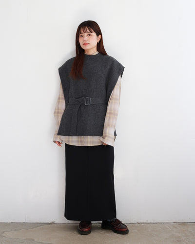 Graphpaper Fine Wool Rib Knit Crew Neck Belted Vest